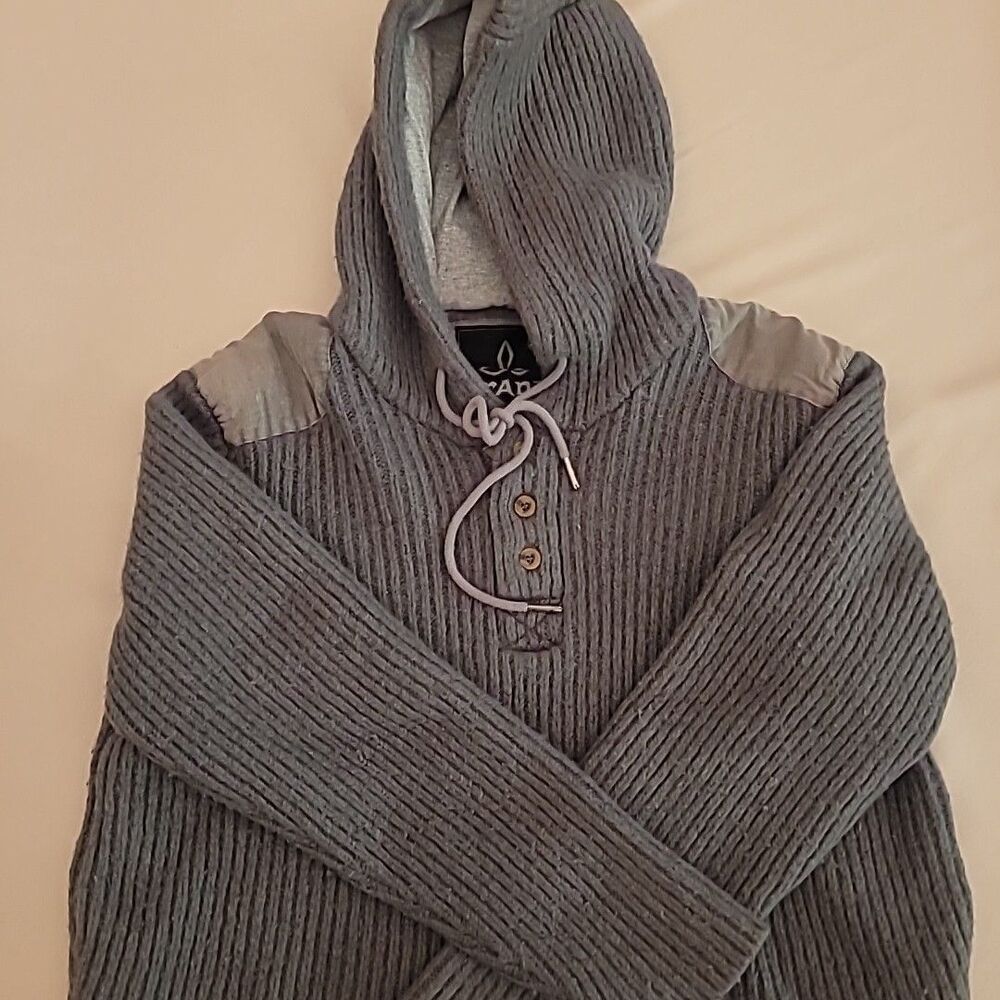 prAna Large Green/Gray Rib Knit Henley Sweater Hoodie Shoulder Patches Mens Lrg